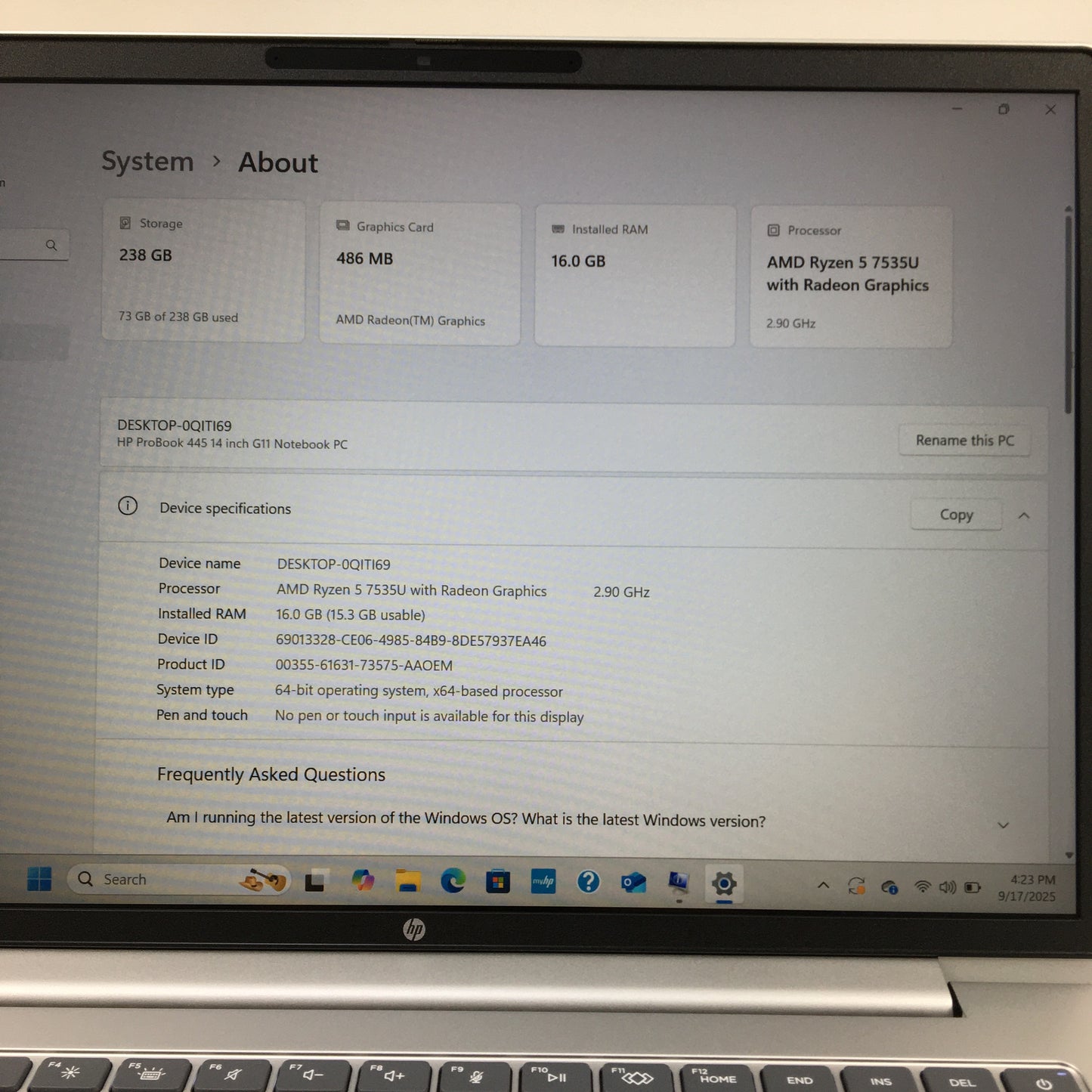 HP ProBook 445 G11 14" ryzen 5 7535U 2.9GHz 16GB RAM 256GB SSD