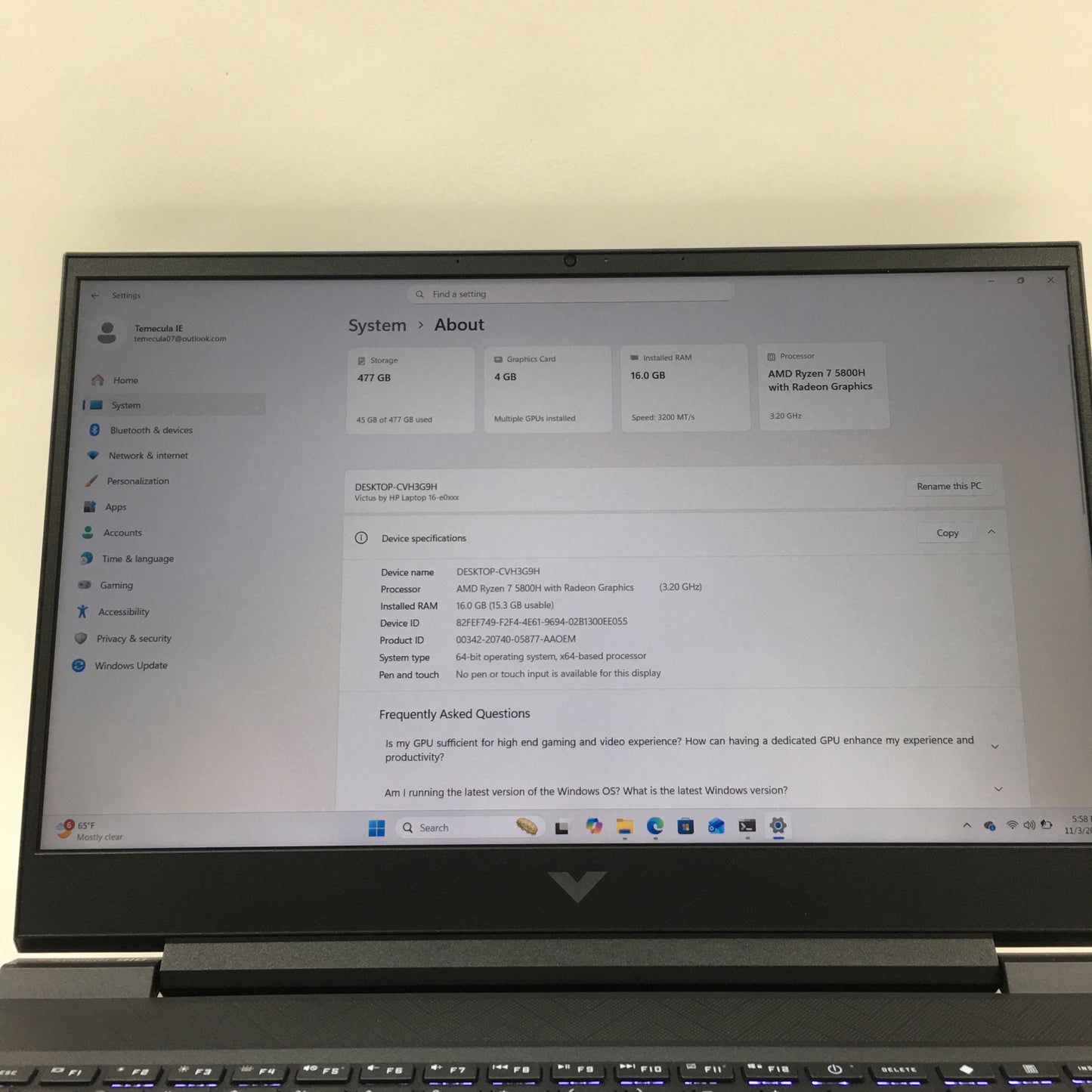 Victus 16-E0085NR 16.1 Amd Ryzen 7 5800H 16GB RAM 512GB SSD GeForce RTX 3050 Ti
