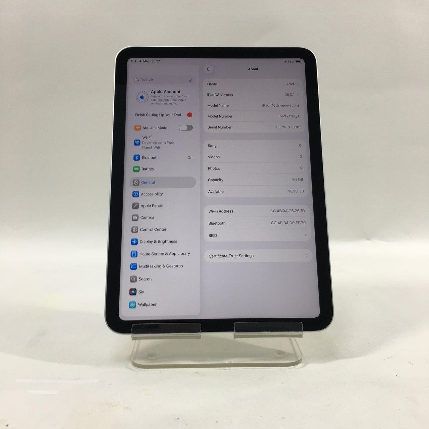 WiFi Only Apple iPad 10th Gen 64GB Silver MPQ03LL/A