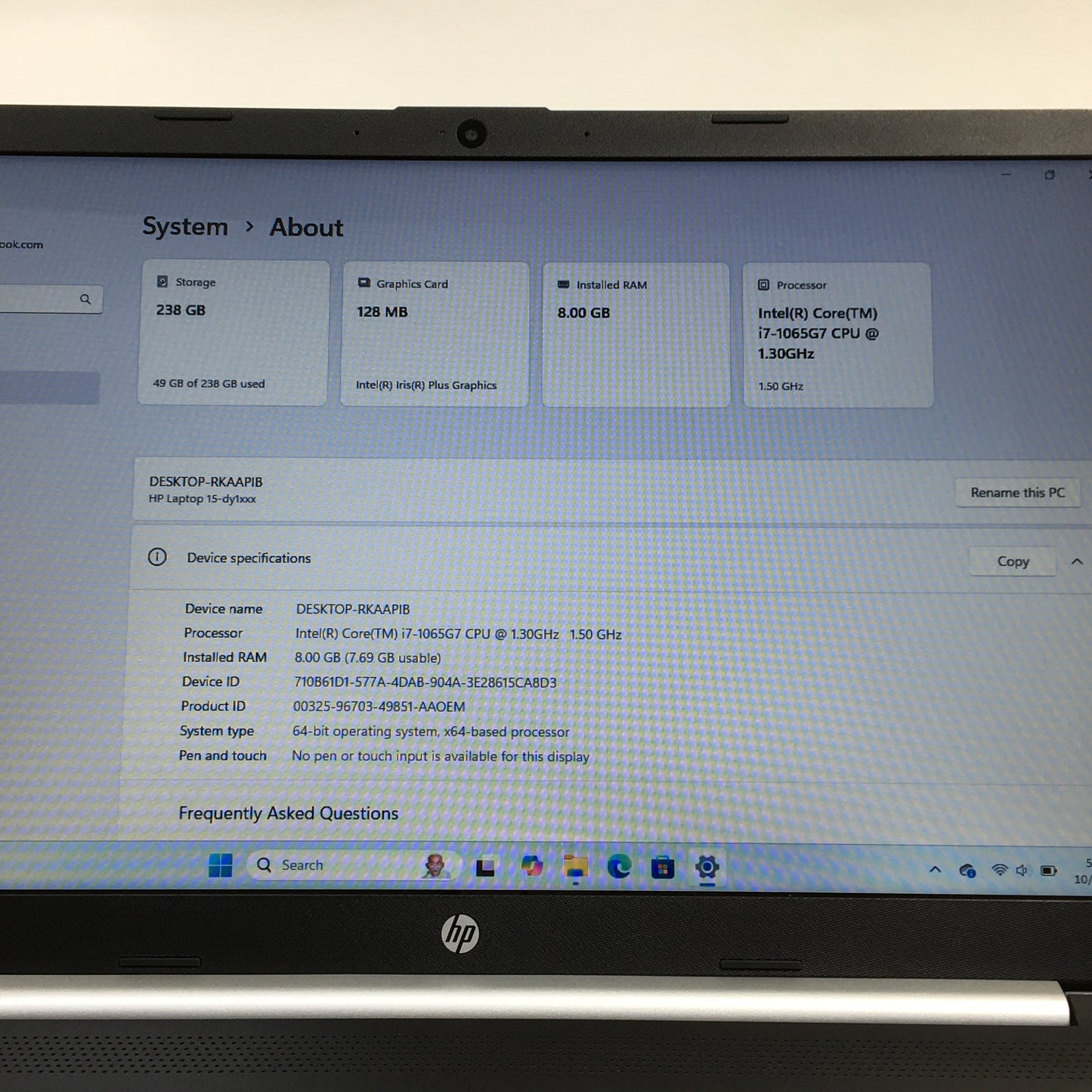 HP NoteBook 15-DY1071WM 15.6" i7-1065G7 1.3GHz 8GB RAM 256GB SSD