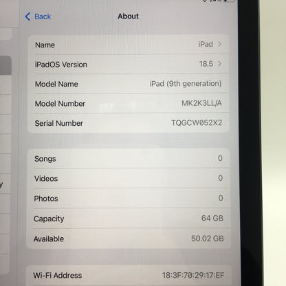 WiFi Only Apple iPad 9th Gen 64GB Space Gray MK2K3LL/A
