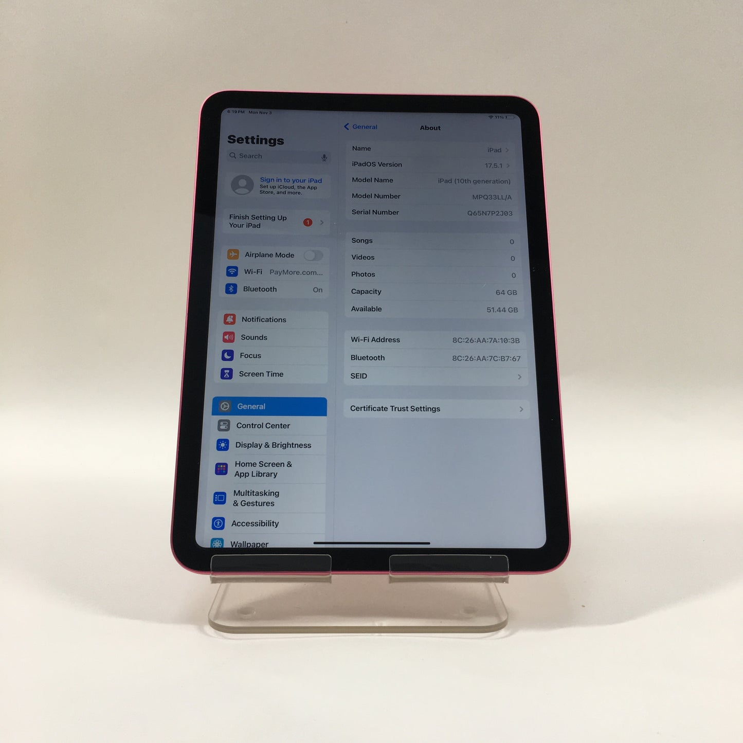 WiFi Only Apple iPad 10th Gen 64GB Pink MPQ33LL/A