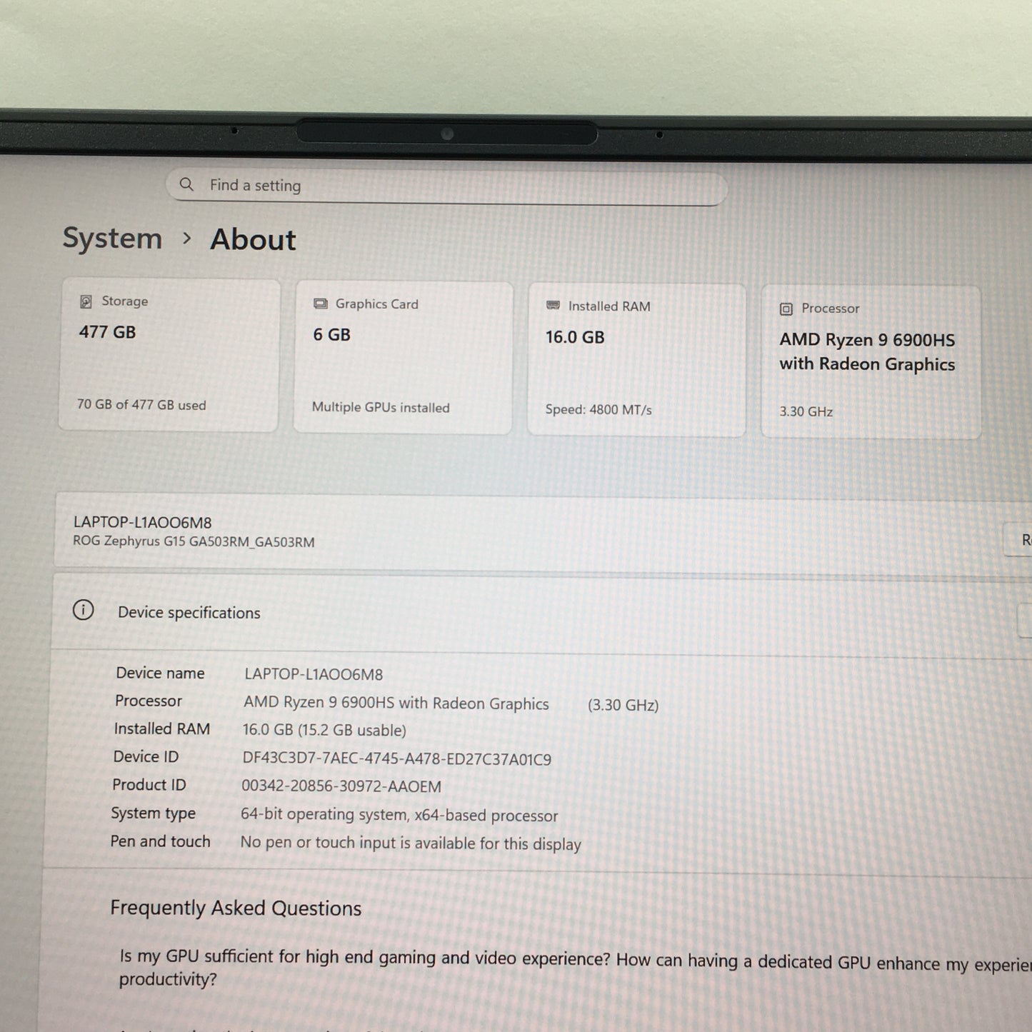 Asus ROG Zephyrus G15 GA503R Ryzen 9 6900HS 16GB RAM 512GB SSD GeForce RTX 3060
