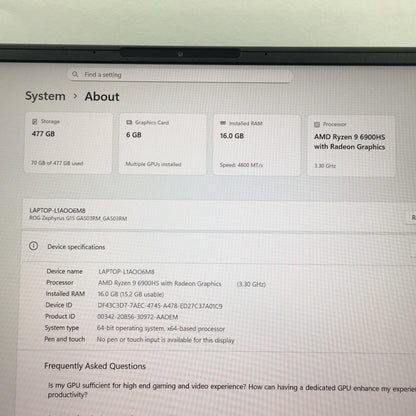 Asus ROG Zephyrus G15 GA503R Ryzen 9 6900HS 16GB RAM 512GB SSD GeForce RTX 3060