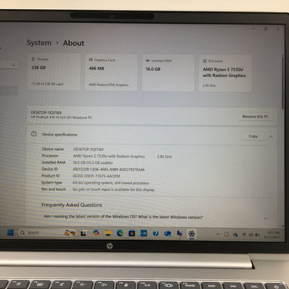HP ProBook 445 G11 14" ryzen 5 7535U 2.9GHz 16GB RAM 256GB SSD