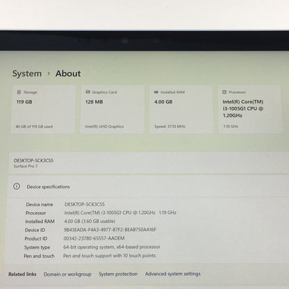 Microsoft Surface Pro 7 12.3" i3-1005G1 1.2GHz 4GB RAM 128GB SSD