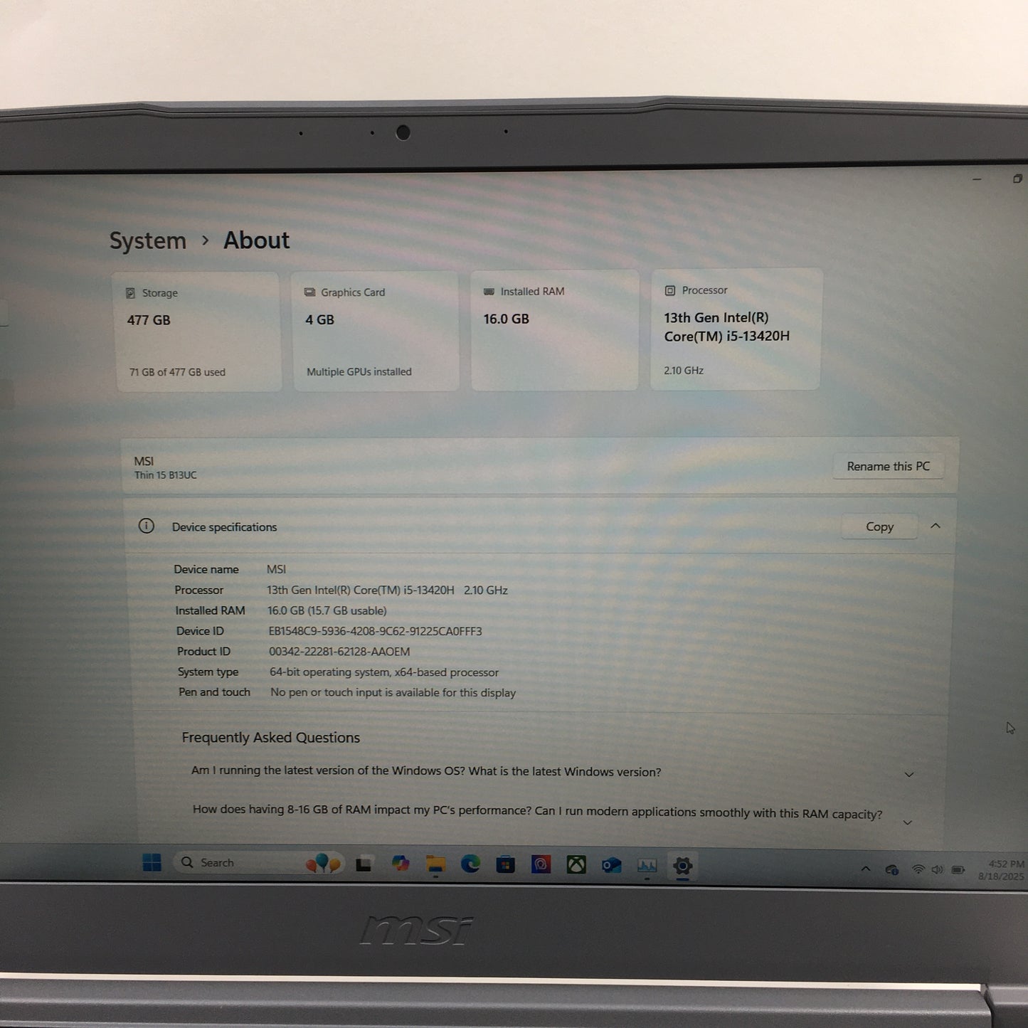 MSI Thin 15 B13UC 15.6" i5-13420H 2.1GHz 16GB RAM 512GB SSD GeForce RTX 3050