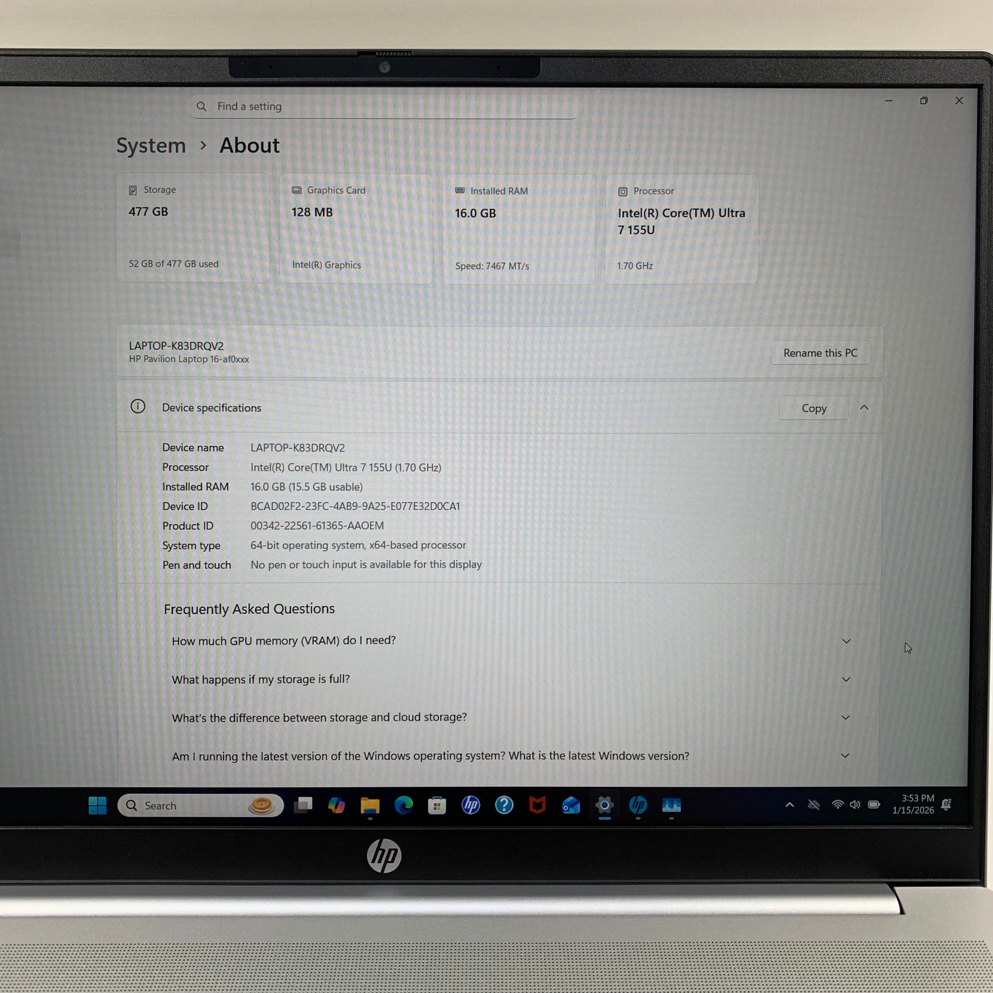 HP Pavilion 16-AF0087NR 16" Core Ultra 7 155U 1.7GHz 16GB RAM 512GB SSD