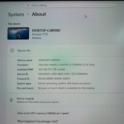 Dell Precision 7770 17.3" i5-12600HX 2,5 16GB RAM 256GB SSD