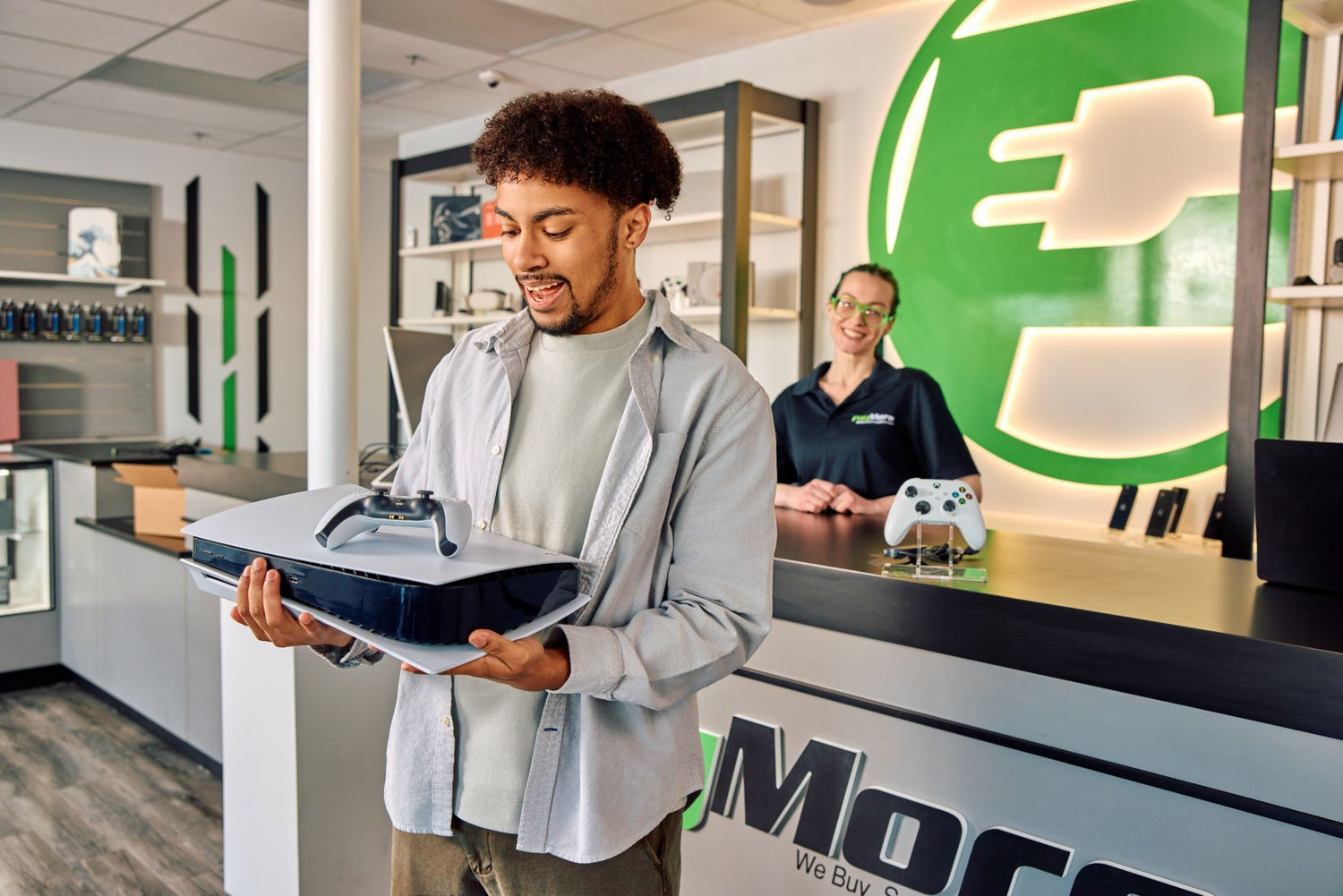 excited customer buying a gaming console