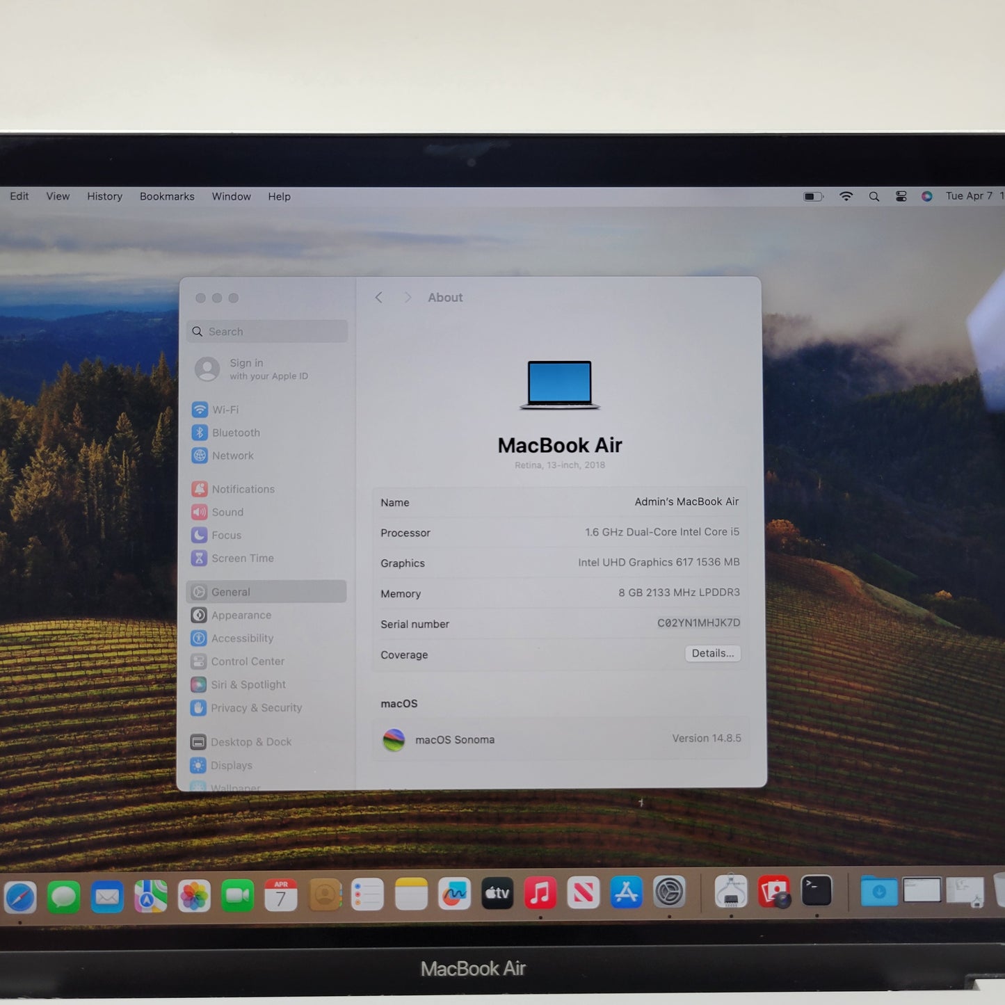 2018 Apple MacBook Air 13.3" i5 1.6GHz 8GB RAM 256GB SSD Silver A1932