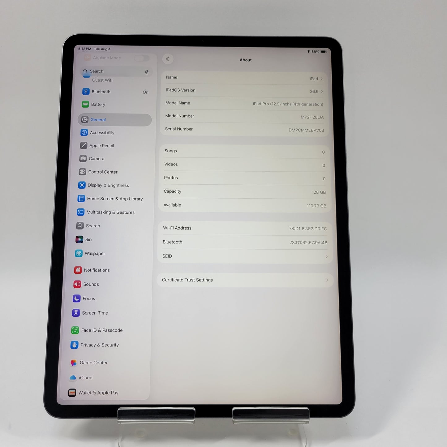 WiFi Only Apple iPad Pro 12.9" 4th Gen 128GB Space Gray MY2H2LL/A