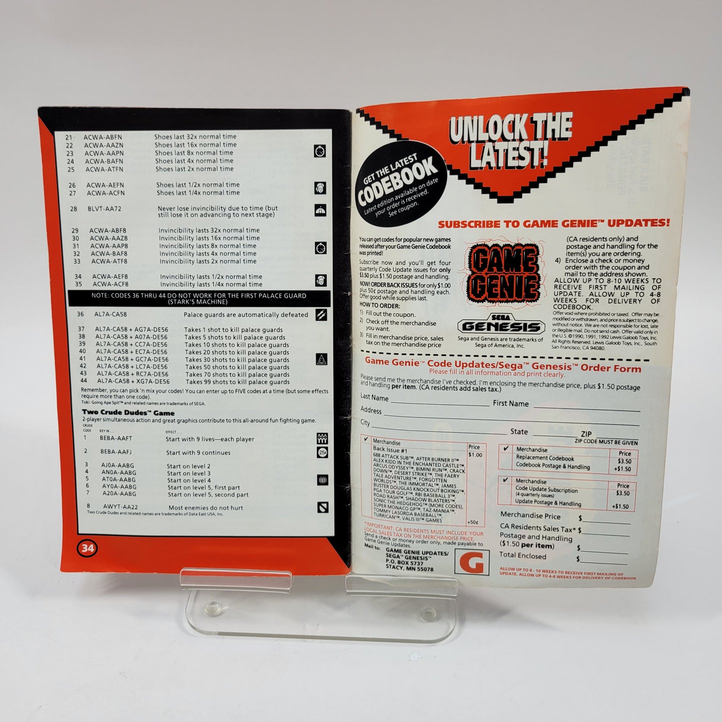 GALOOB  SEGA GENESIS GAME GENIE CODE BOOK CHEAT CODE BOOKLIT  VOLUME 1, NO.2