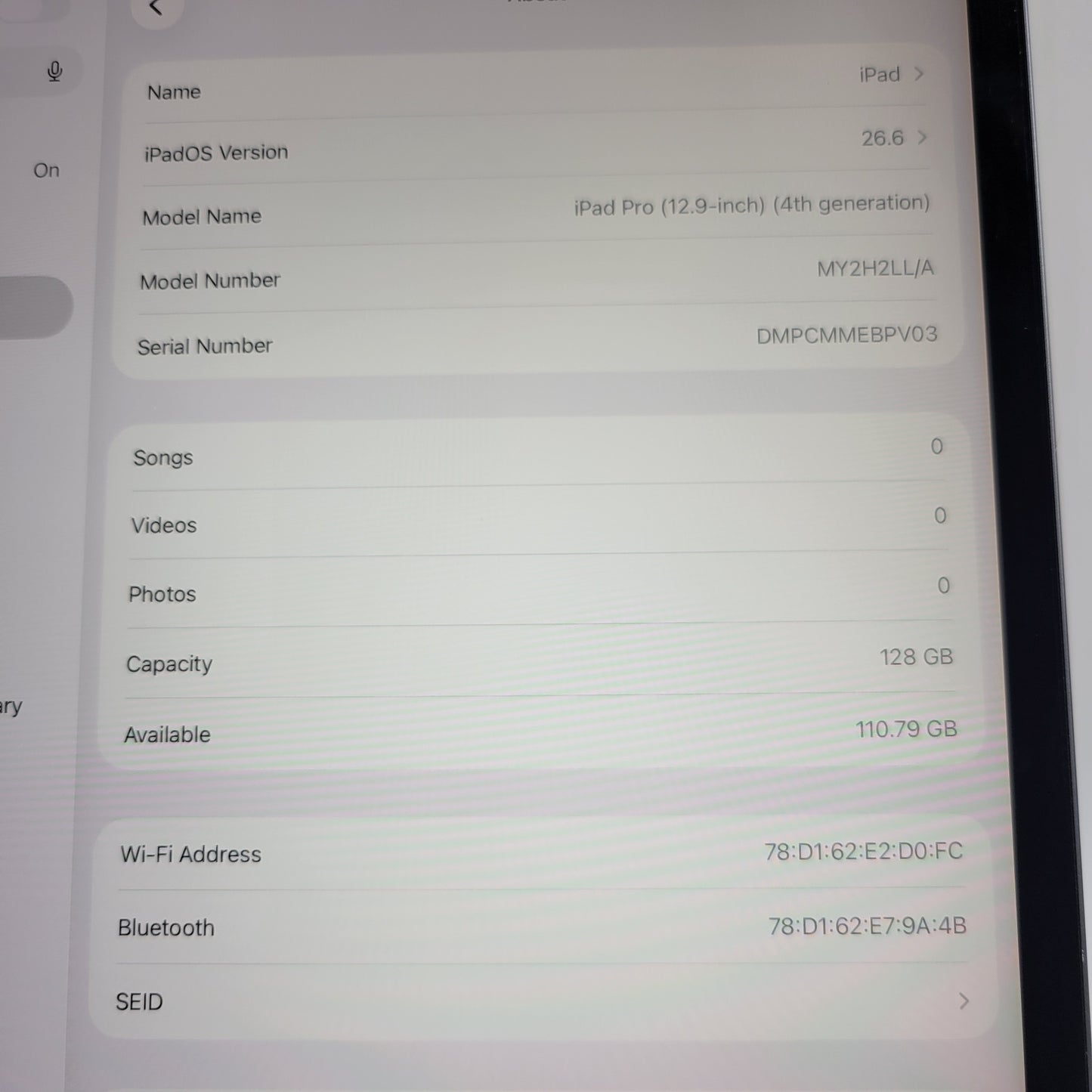 WiFi Only Apple iPad Pro 12.9" 4th Gen 128GB Space Gray MY2H2LL/A