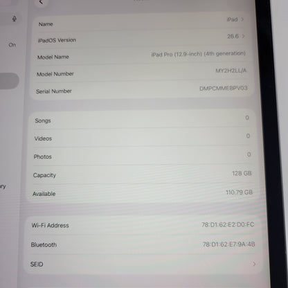 WiFi Only Apple iPad Pro 12.9" 4th Gen 128GB Space Gray MY2H2LL/A