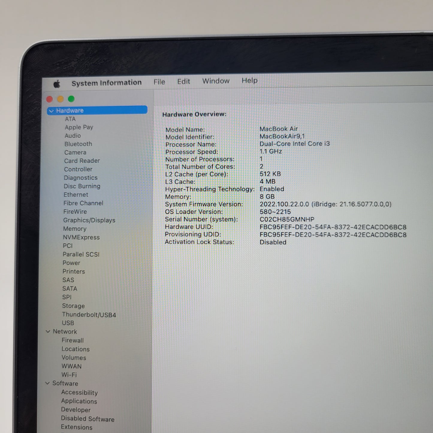 2020 Apple MacBook Air 13.3" i3 1.1GHz 8GB RAM 256GB SSD Space Gray A2179