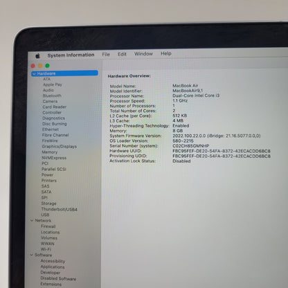 2020 Apple MacBook Air 13.3" i3 1.1GHz 8GB RAM 256GB SSD Space Gray A2179