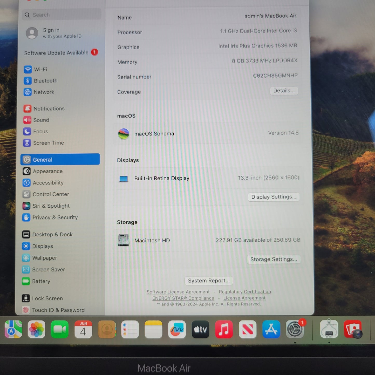 2020 Apple MacBook Air 13.3" i3 1.1GHz 8GB RAM 256GB SSD Space Gray A2179