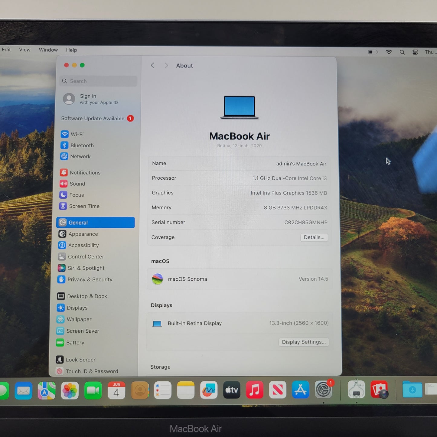 2020 Apple MacBook Air 13.3" i3 1.1GHz 8GB RAM 256GB SSD Space Gray A2179