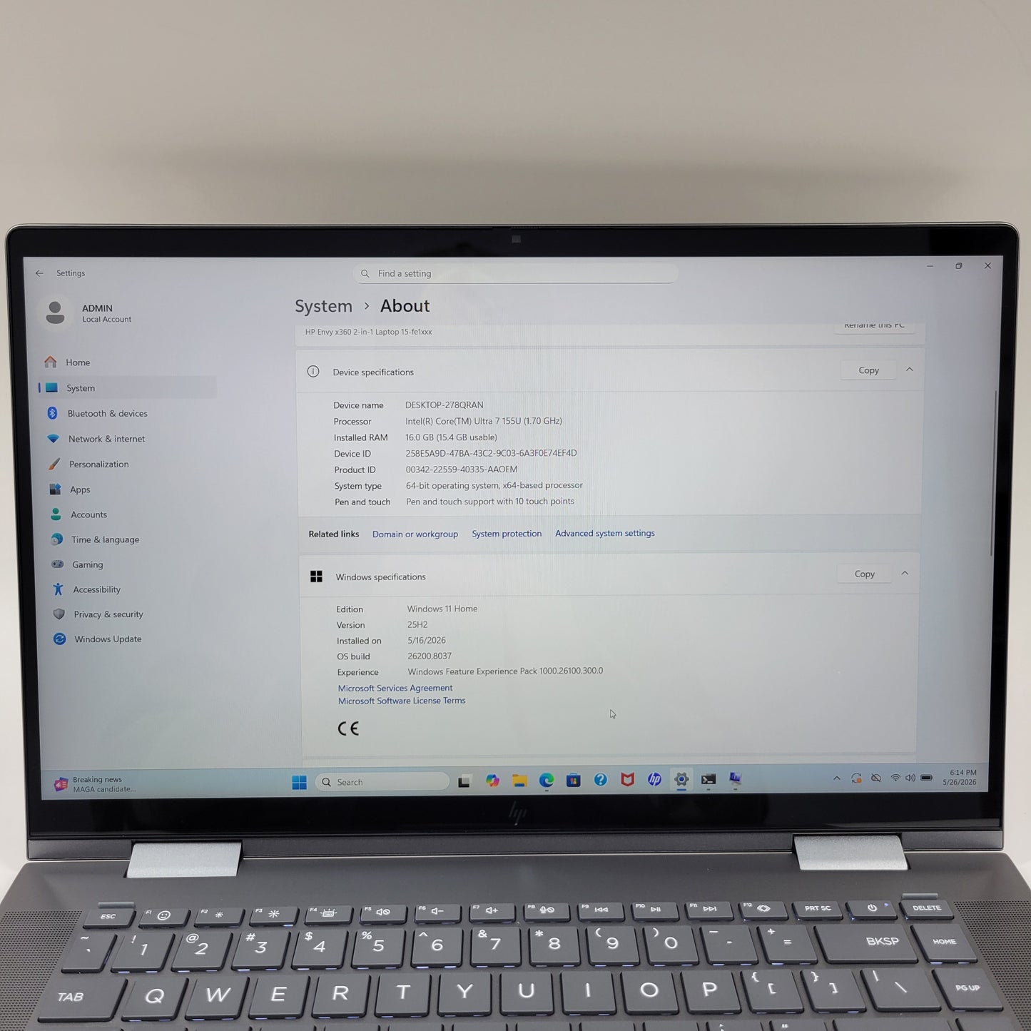 HP Envy x360 15-FE1097NR 15.6" Core Ultra 7 155U 1.7GHz 16GB RAM 1TB SSD